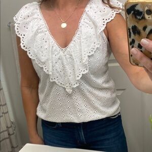 LOFT White Ruffled Bib Collar Blouse